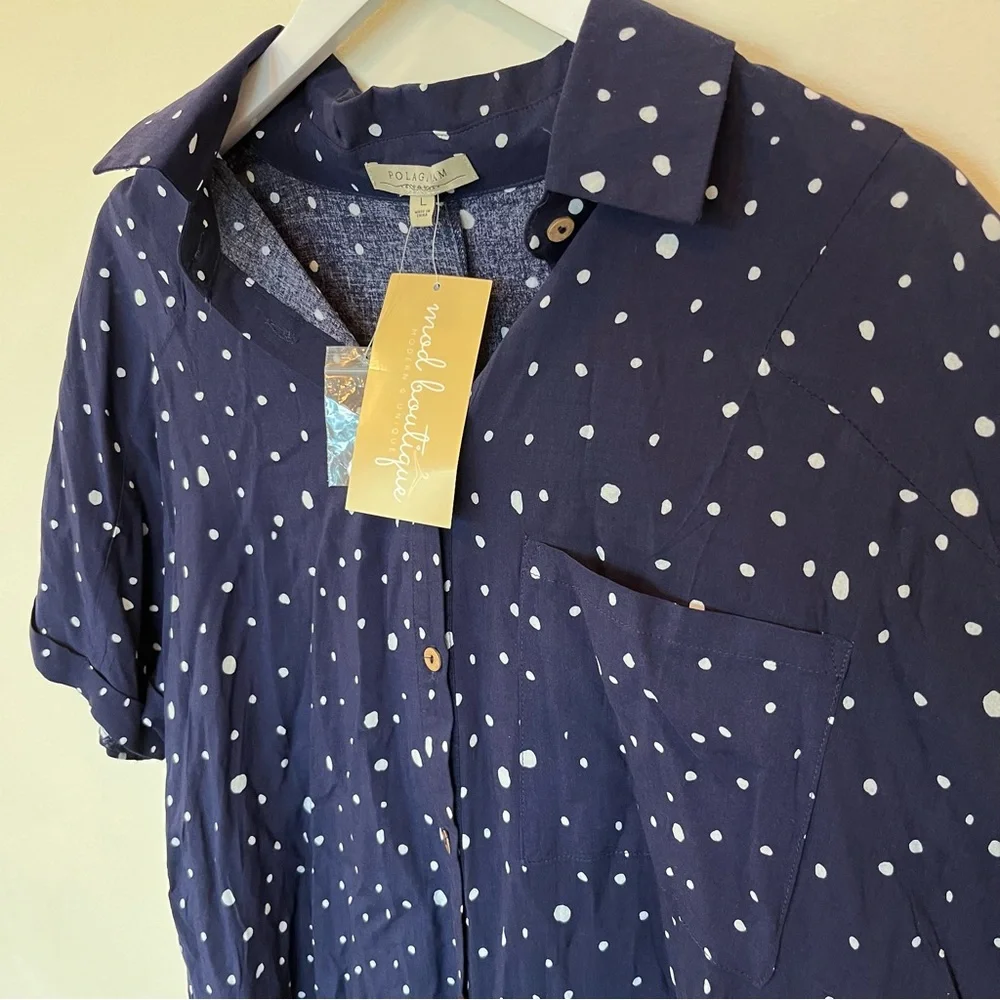 NWT Polagram Button Down Blouse Navy White Polka Dots Womens Large Flowy - Picture 3 of 4